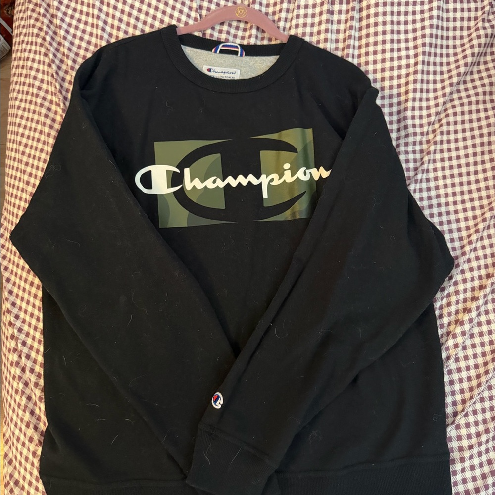 Champion Black and Green Men's Crewneck Sweater